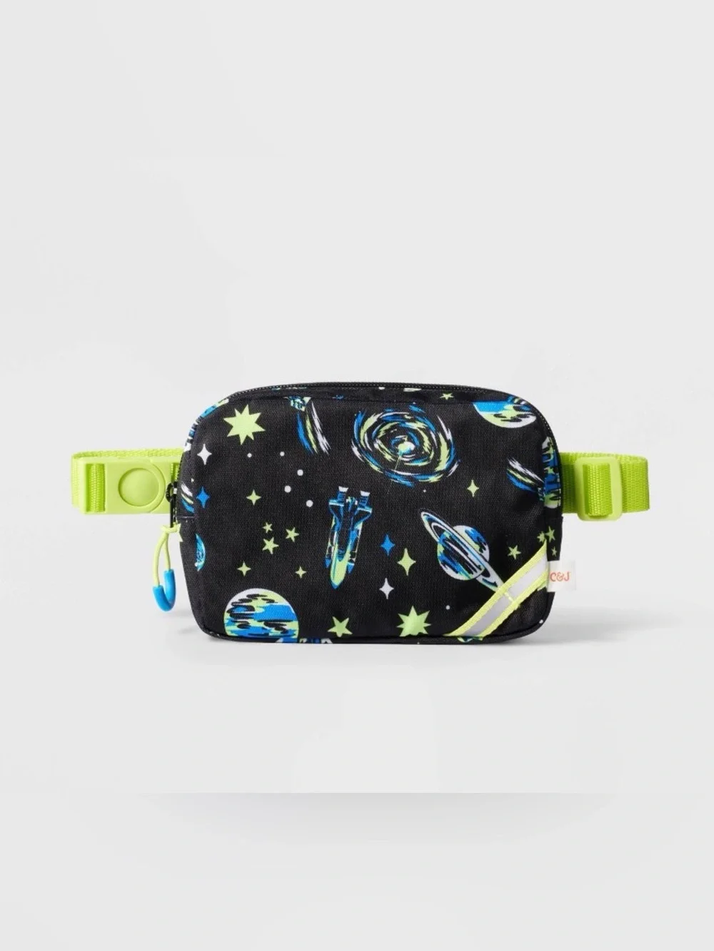 Cat & Jack Black Space-Print Kids Belt Bag with Neon Green Strap